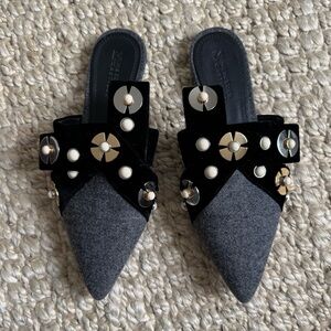 MERCEDES CASTILLO Black & Gray Pointed Toe Embellished Mules